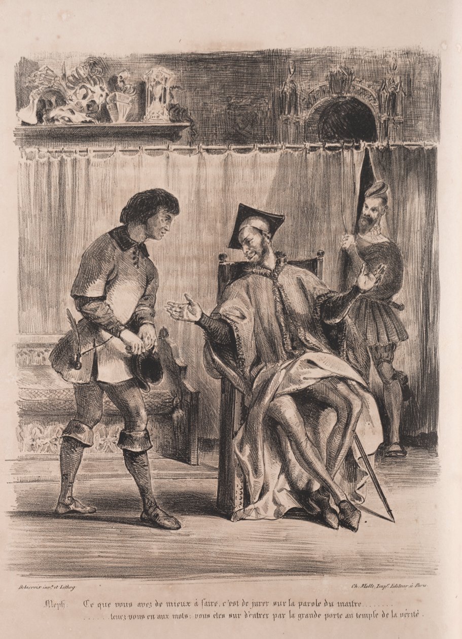 Illustrasjoner for Faust: Mephistophele tar imot skolegutten av Eugène Delacroix