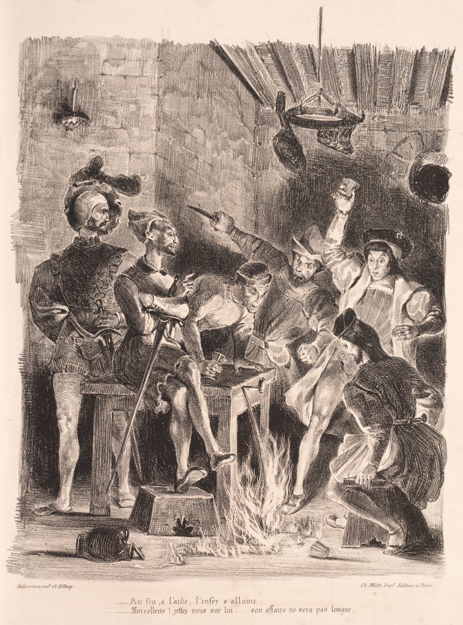 Illustrasjoner for Faust: Méphistophélés i tavernaen til studentene av Eugène Delacroix