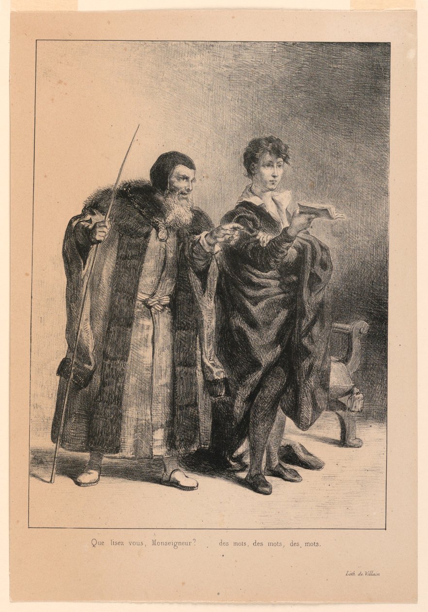 Illustrasjon for Hamlet. Polonius og Hamlet (II,2) av Eugène Delacroix