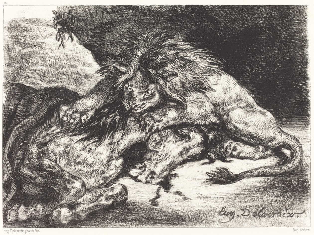 Løve som sluker en hest av Eugène Delacroix