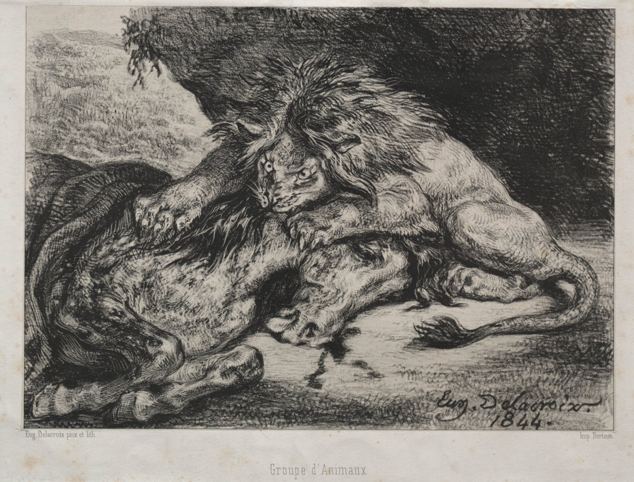 Løve som sluker en hest av Eugène Delacroix