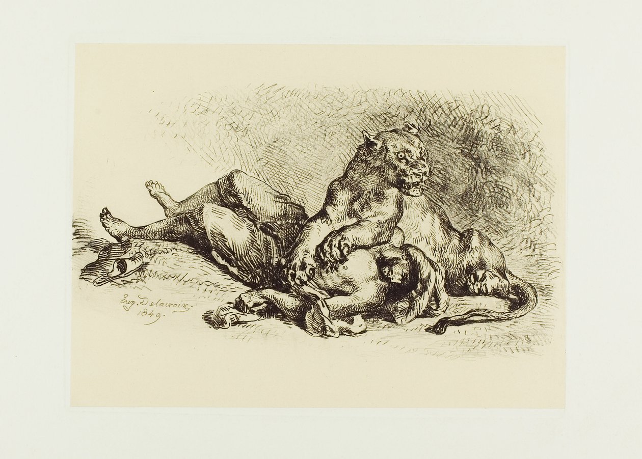 Løvinne river i brystet til en araber av Eugène Delacroix