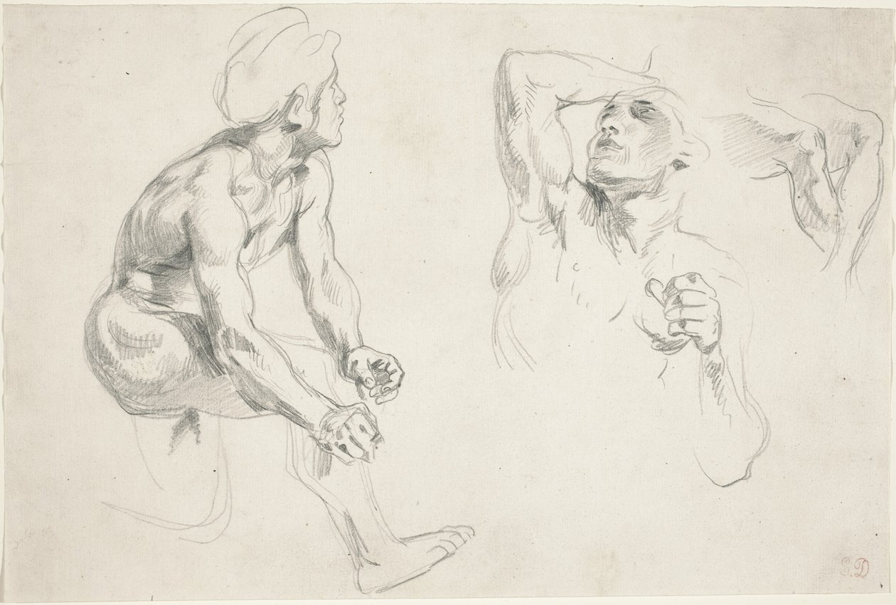 Naken mann poserer for figurer i "Frise de la Guerre" av Eugène Delacroix