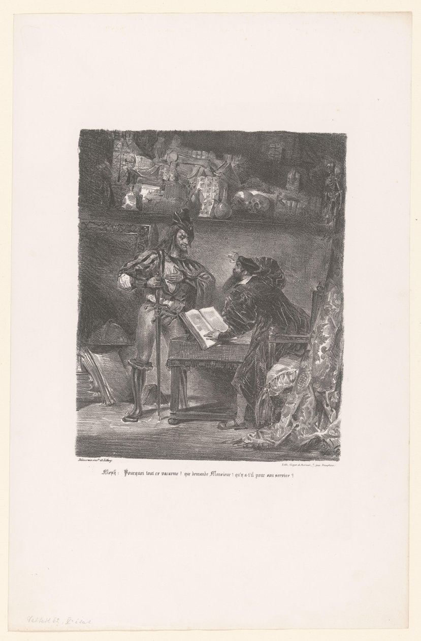 Mephisto vises til Faust Meph: Hvorfor alt oppstyret? (...) (tittel på objekt) Faust (serietittel) Faust, tragedie av M. de Goethe (serietittel) av Eugène Delacroix