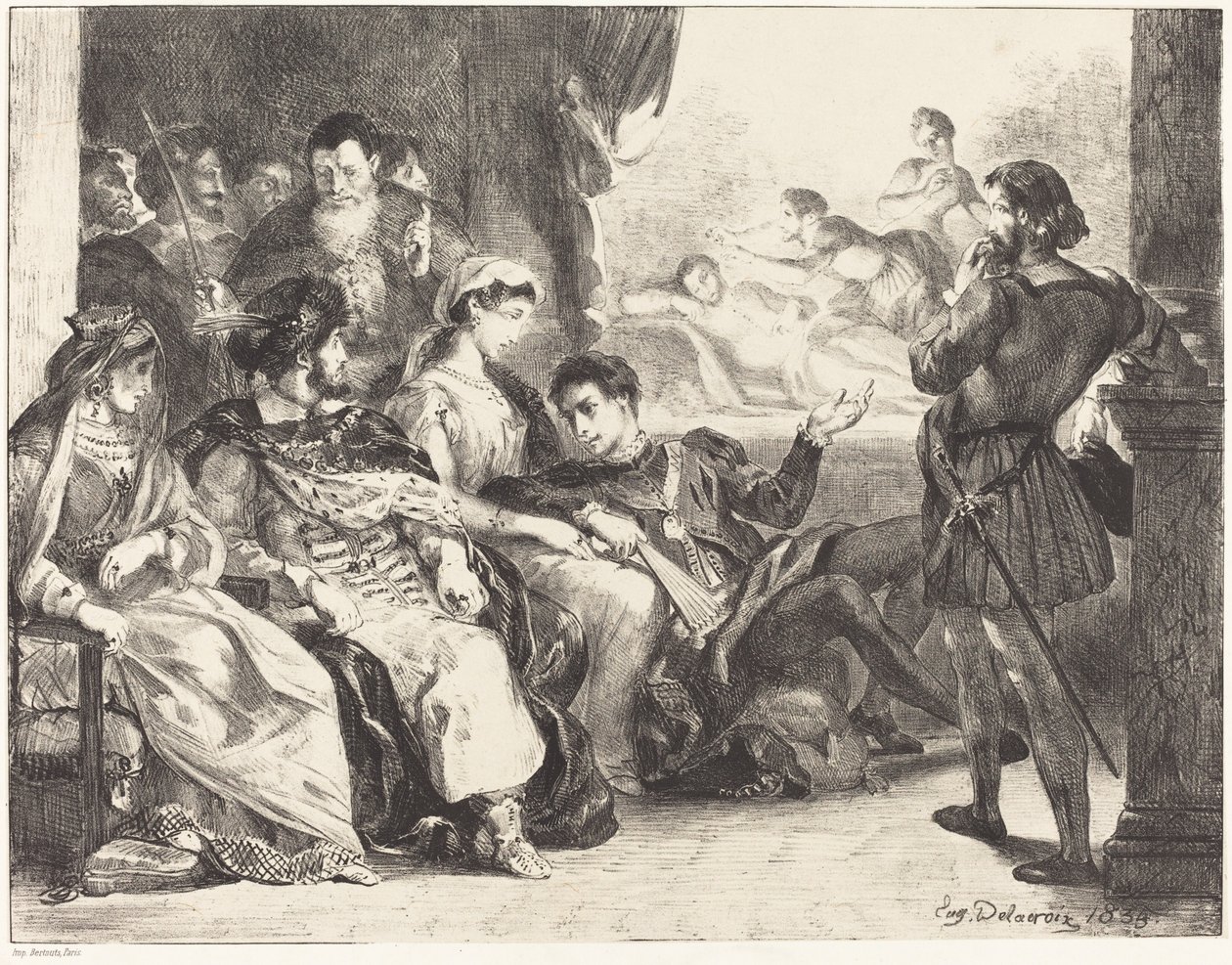 Spillere som utfører forgiftningen av Hamlets far (Act III, Scene II) av Eugène Delacroix