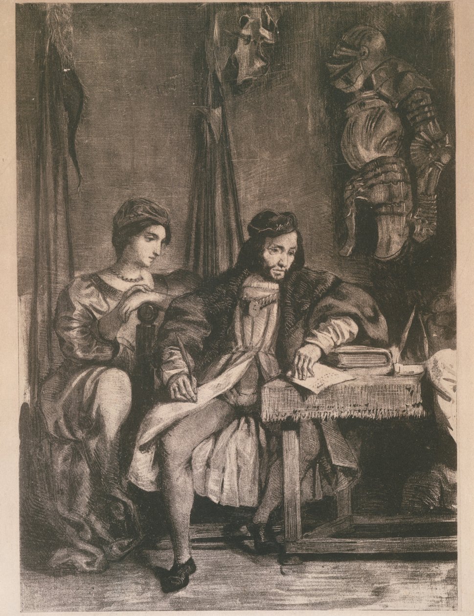 Scene fra Goethes "Götz" Götz von Berlichingen skriver sine memoarer, 1836-63., 1836-63. av Eugène Delacroix