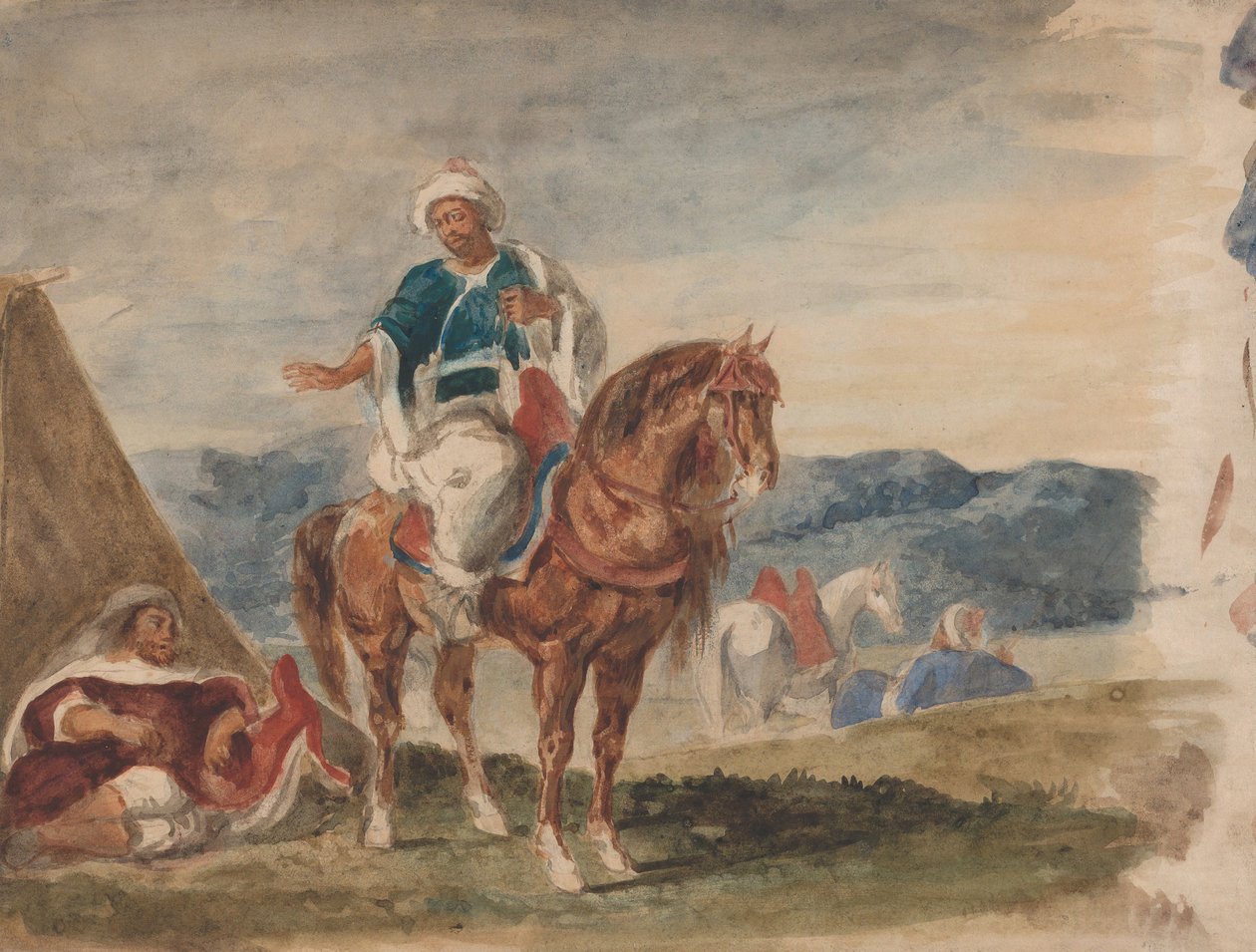 Tre arabiske ryttere ved et leir, 1832-37. av Eugène Delacroix