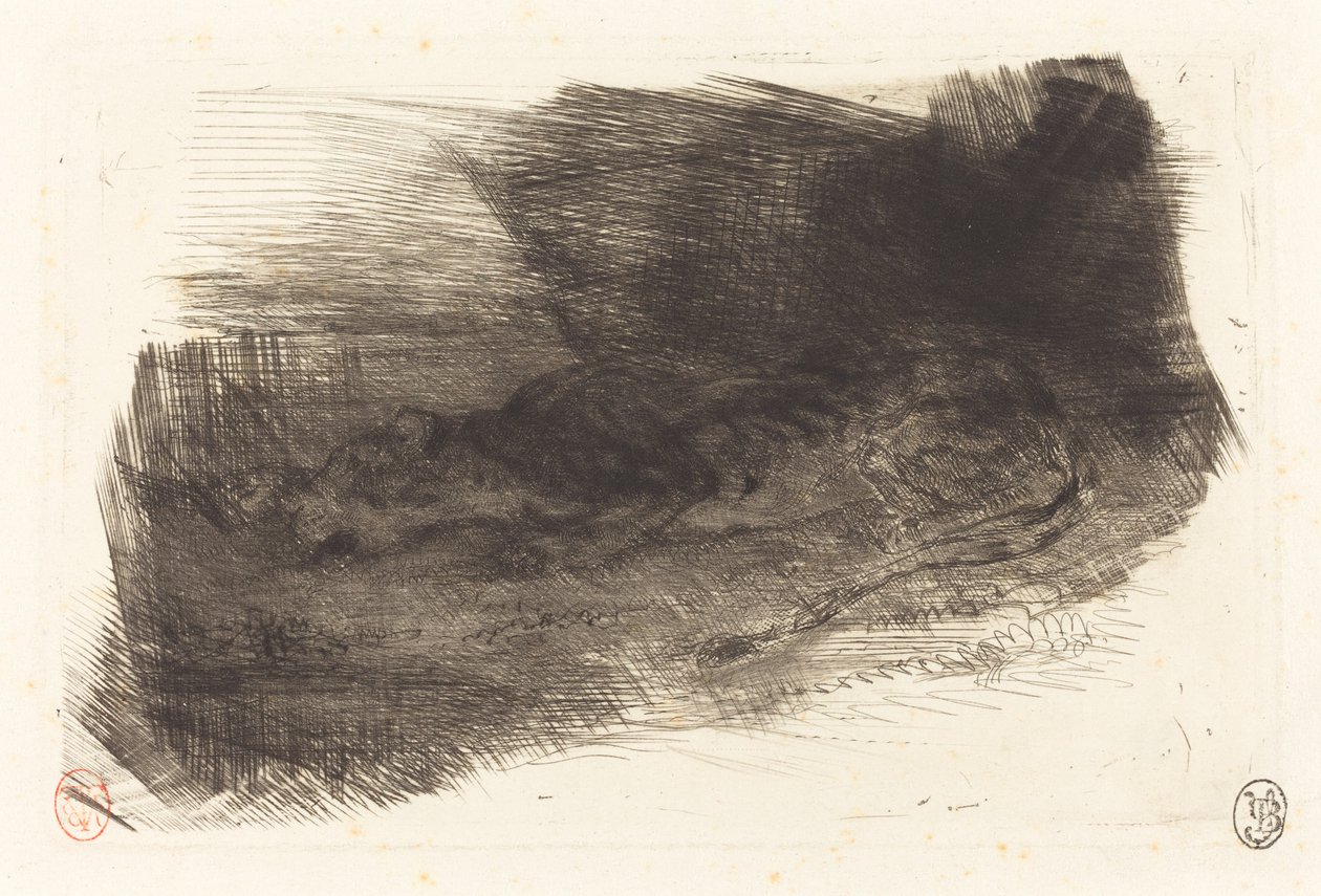 Tiger sover ved inngangen til hulen sin Tiger sover ved inngangen til hulen sin, ca. 18281833. av Eugène Delacroix