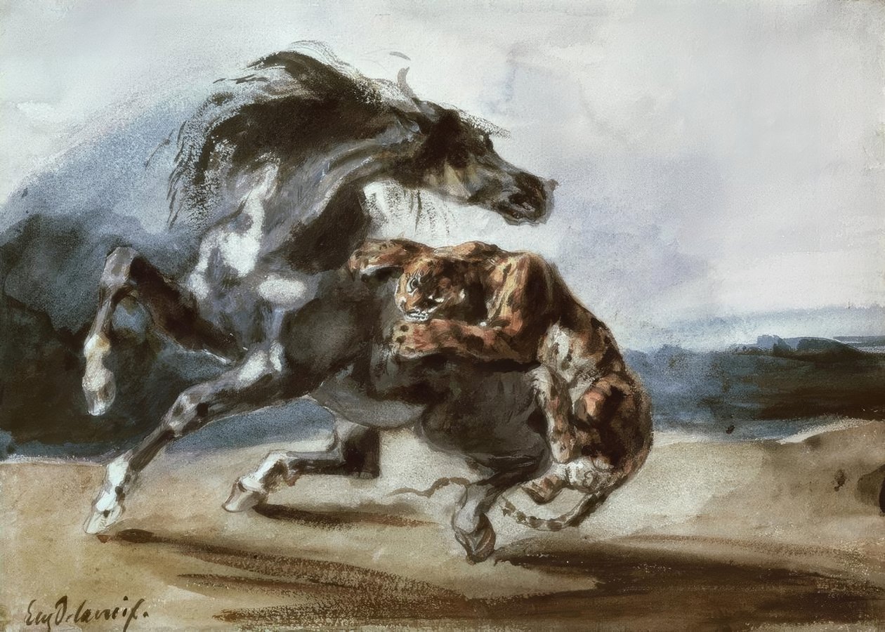 Tiger angriper en villhest av Ferdinand Victor Eugene Delacroix