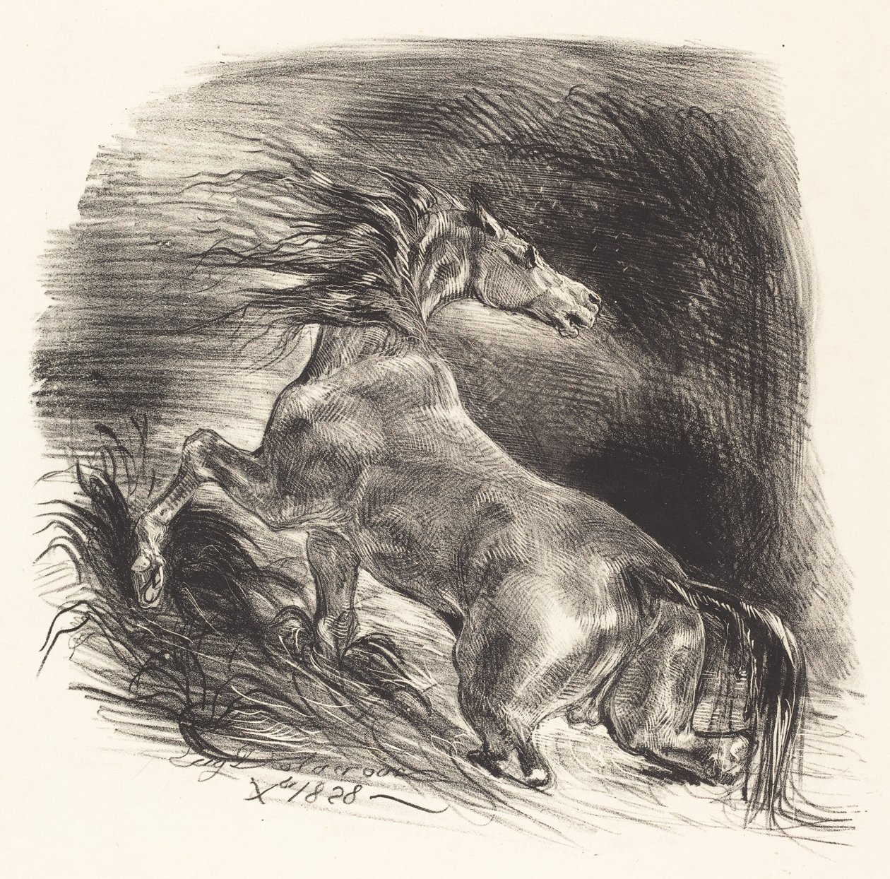 Villhesten kommer ut av vannet Cheval sauvage, 1828. av Eugène Delacroix