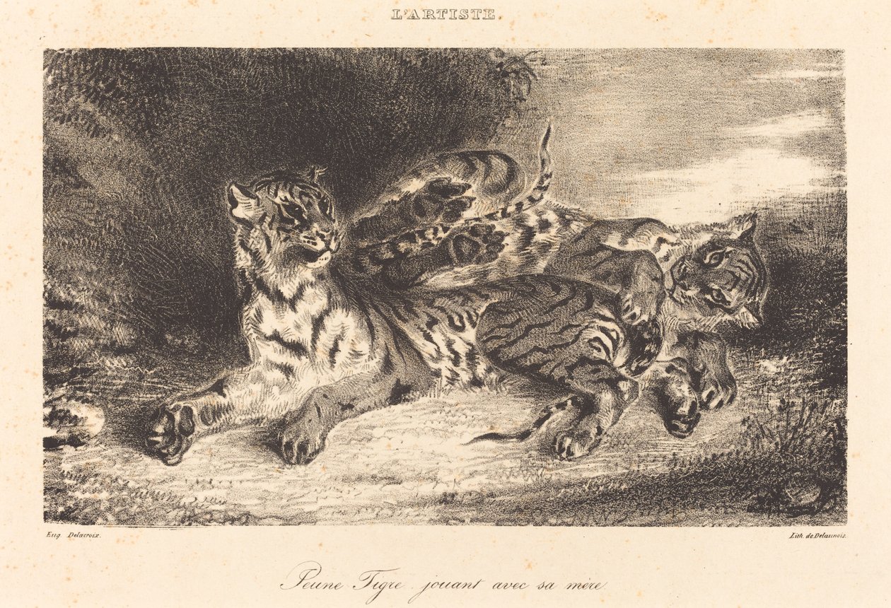 Ung tiger som leker med sin mor av Eugène Delacroix