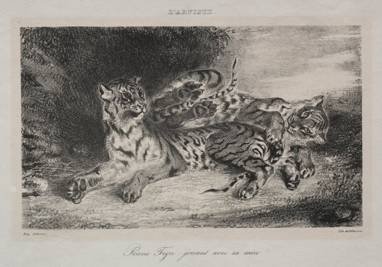 Ung tiger leker med sin mor av Eugène Delacroix