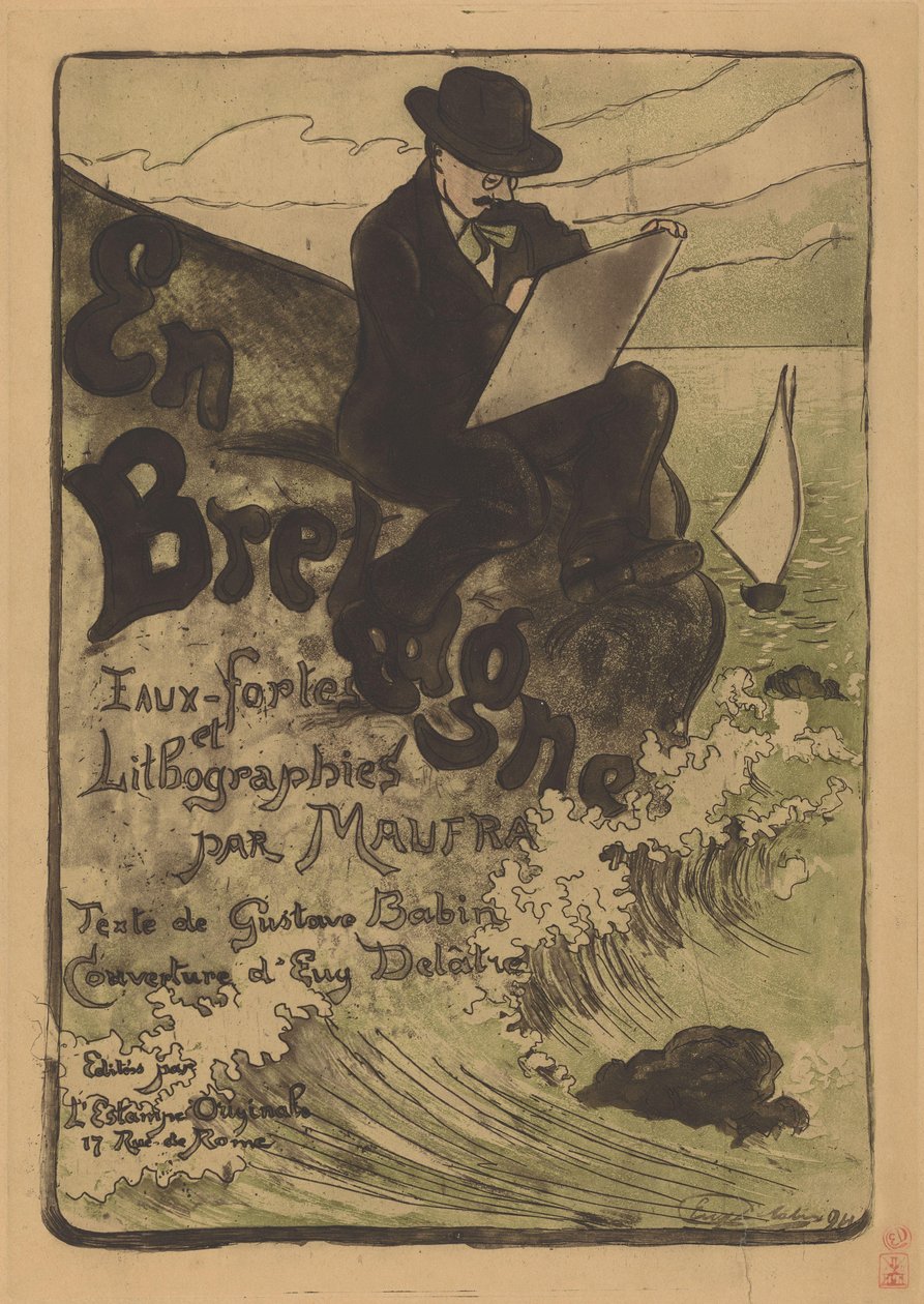 Portrett av Maxime Maufra tegning på en stein Og Brittany (tittel på objekt) av Eugène Delâtre