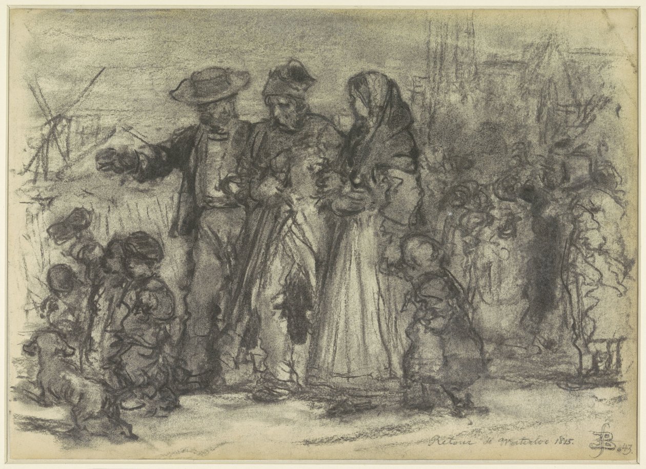 Hjemkomst av en gammel soldat, etter slaget ved Waterloo Return de Waterloo 1815. (tittel på objekt) av Eugène François de Block