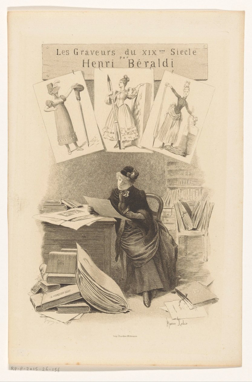 Kvinne ser på utskrifter bak et skrivebord Tittelside for: Henri Béraldi, Les engravers du XIXe siècle, 1899 av Eugène Gaujean