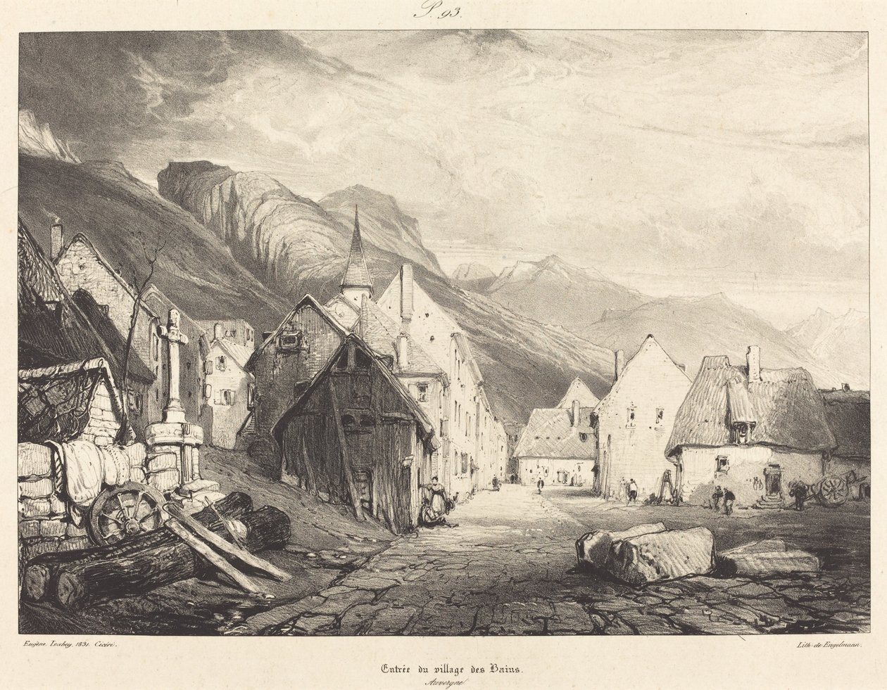 Inngang til landsbyen Les Bains av Eugène Isabey and Pierre Luc Charles Ciceri