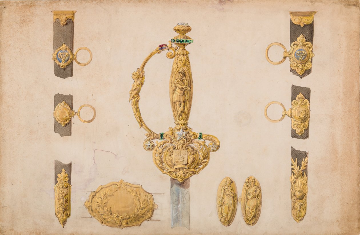 Design for et sverdfeste, slire og beltebeslag, ca. 1840-50. av Eugène Julienne.