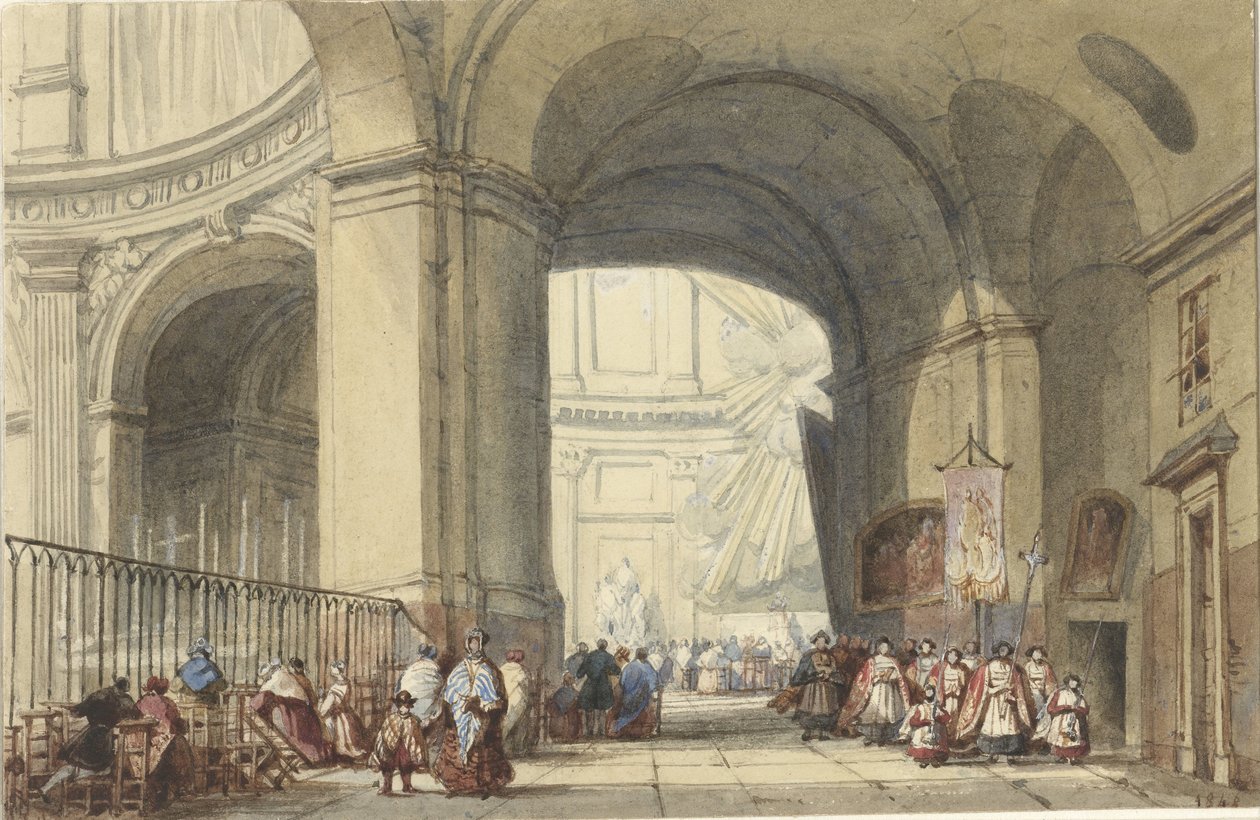 Interiør i S. Roche i Paris, med en prosesjon i forgrunnen av Eugène Louis Lami (possibly)