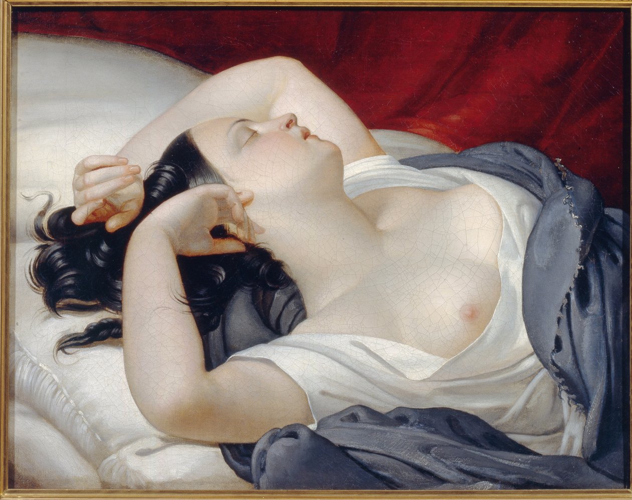 Sovende italiensk kvinne. Vakker kvinne med lukkede øyne og avdekket bryst, sover illevarslende på sengekanten. Maleri av Eugene Pluchart (1809-1880), olje på lerret, cirka 1840. Fransk kunst av Eugéne Pluchart