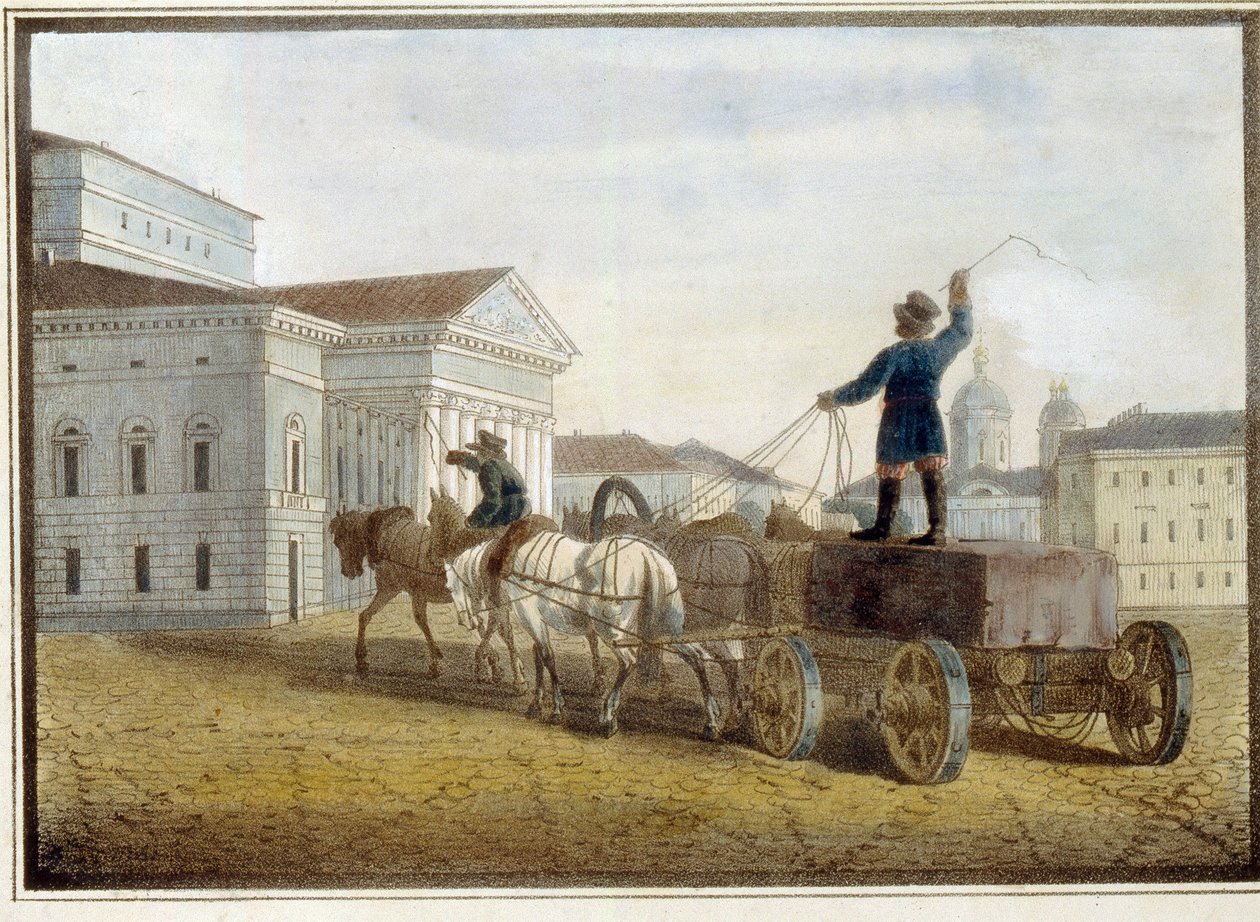 Transport av granittblokker til teaterplassen i St. Petersburg. Verk av Eugene Pluchart (1809-1880), akvarell på litografi av Eugéne Pluchart