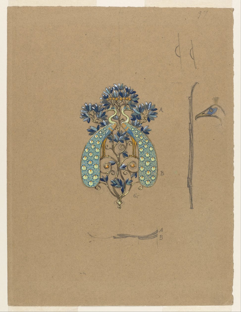 Design for et beltespenne med påfuglmotiv av Eugene Grasset