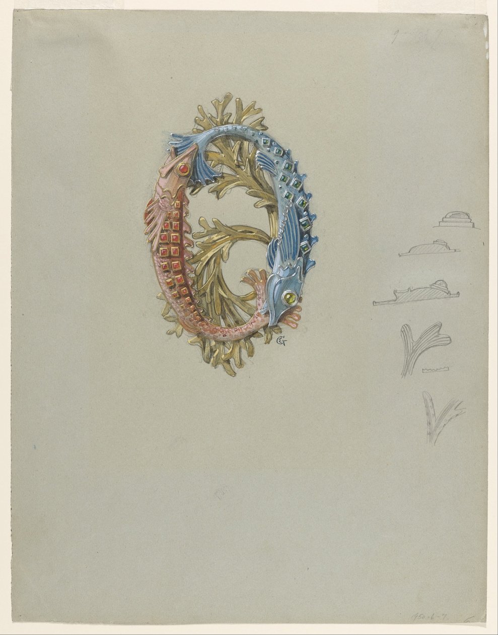 Design for en beltespenne med to fisker og tang av Eugene Grasset