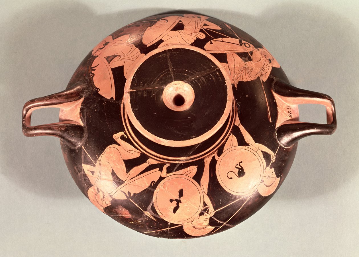 Loftskopp med rød figur som viser hukende hoplitter (keramikk) av Euphronios