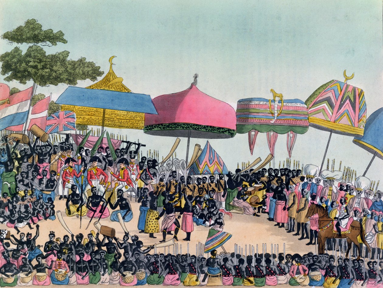 Mottakelse for den engelske ambassadøren holdt av Ashanti i Comassi, Ghana, ca. 1818, gravert av A. Biasioli av European School