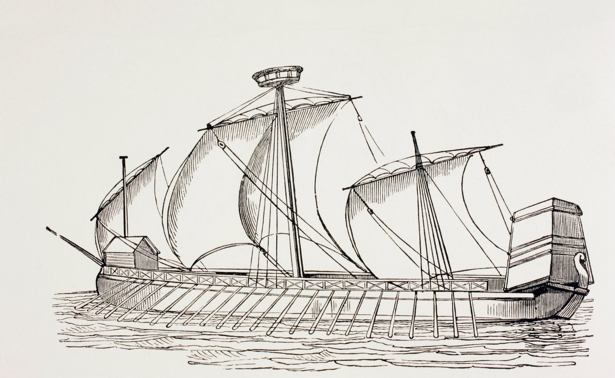 Tre-mastet bysse fra sekstende århundre med firkantede seil, ca. 1880 av European School