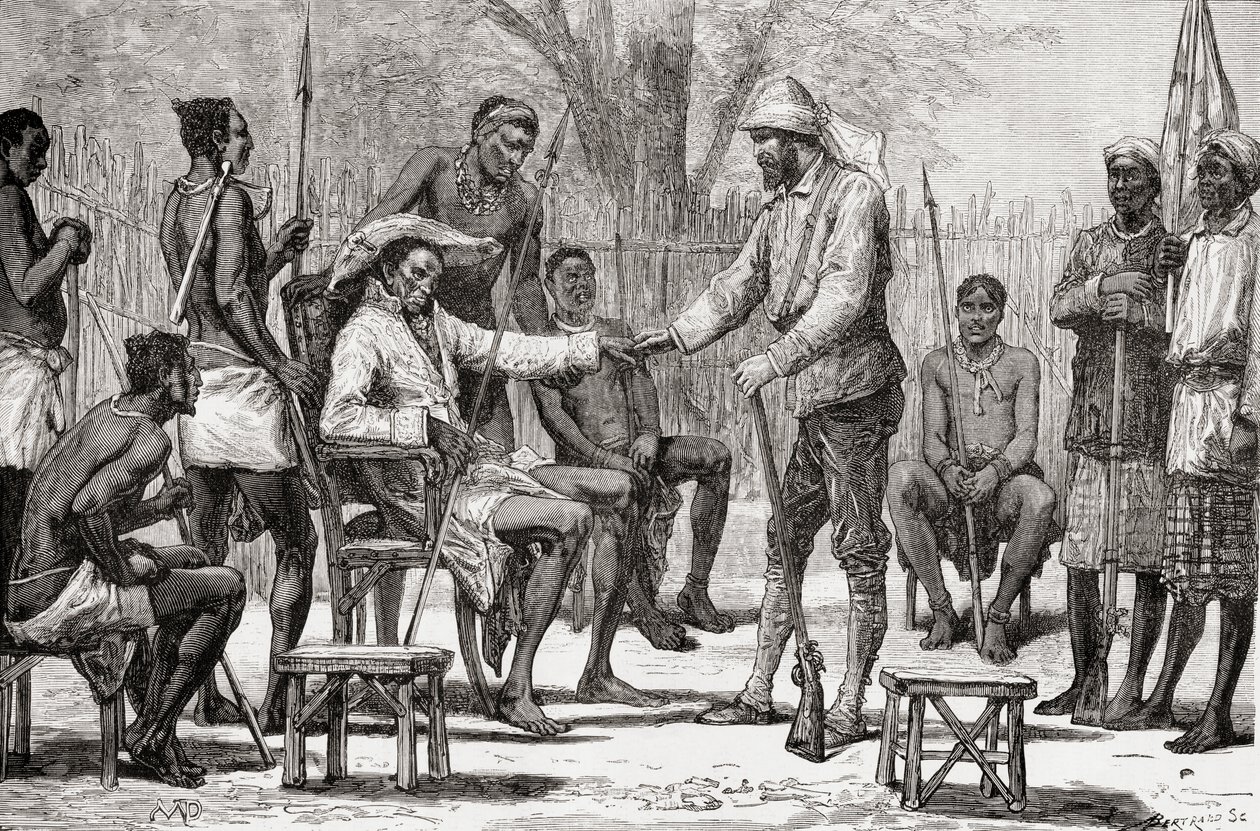 Verney Lovett Cameron besøker King Konngo, 1878 (tregravering) av European School