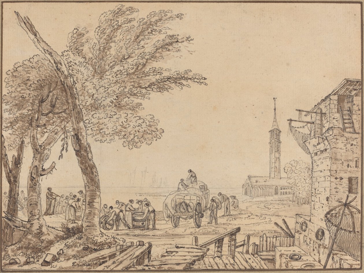 Utsikt over en havn av European 18th Century