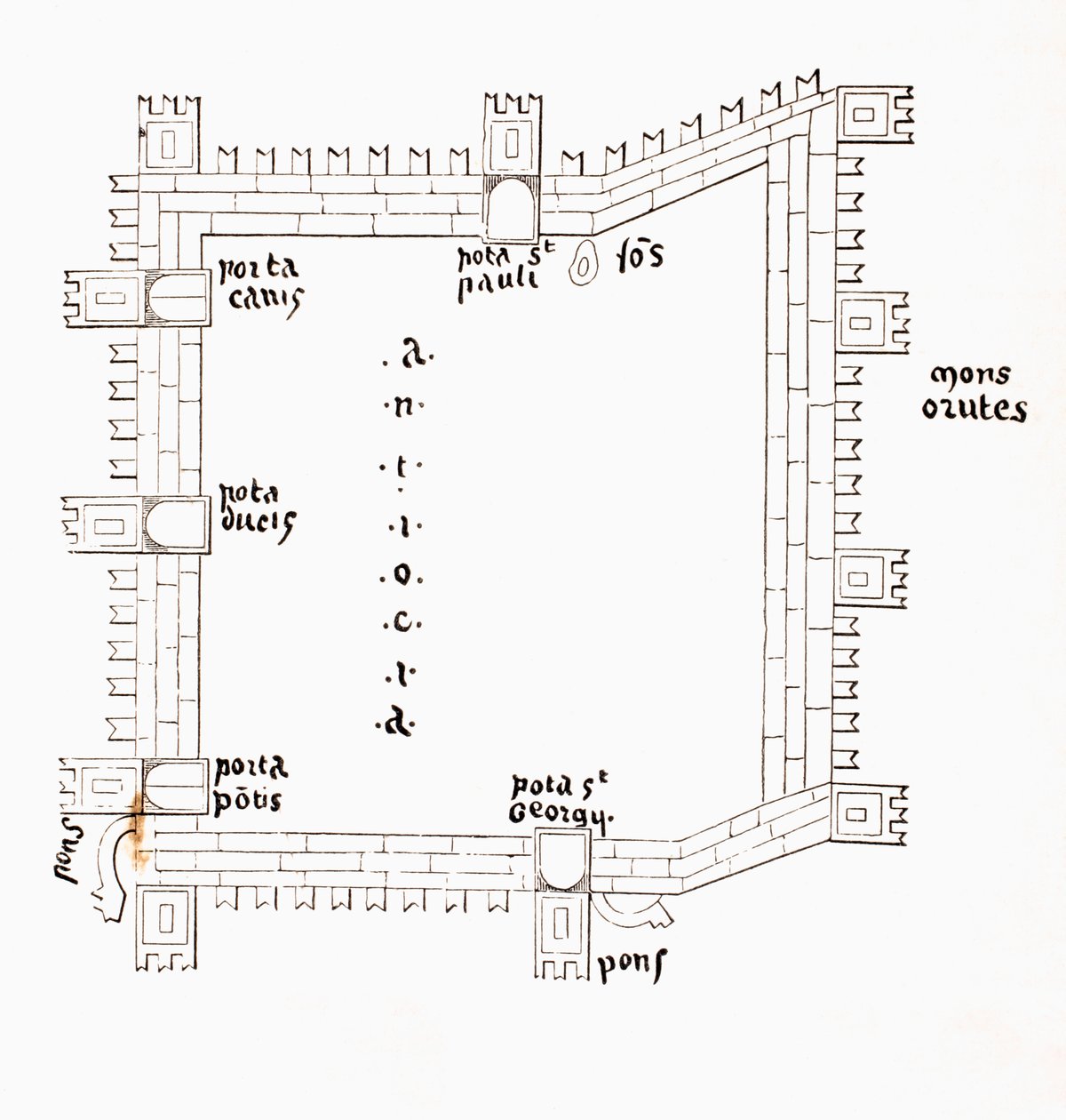 En plan for Antiokia fra det 13. århundre som viser de fem portene, ca. 1880 av European School