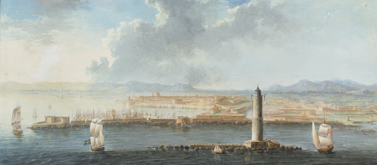 En utsikt over en havn fra havet, sannsynligvis Livorno (penn, brunt blekk og gouache) av European School