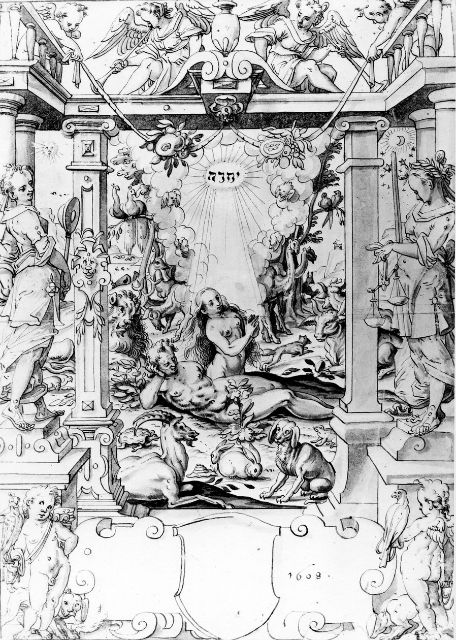 Adam og Eva, 1609 (penn og blekk) av European School