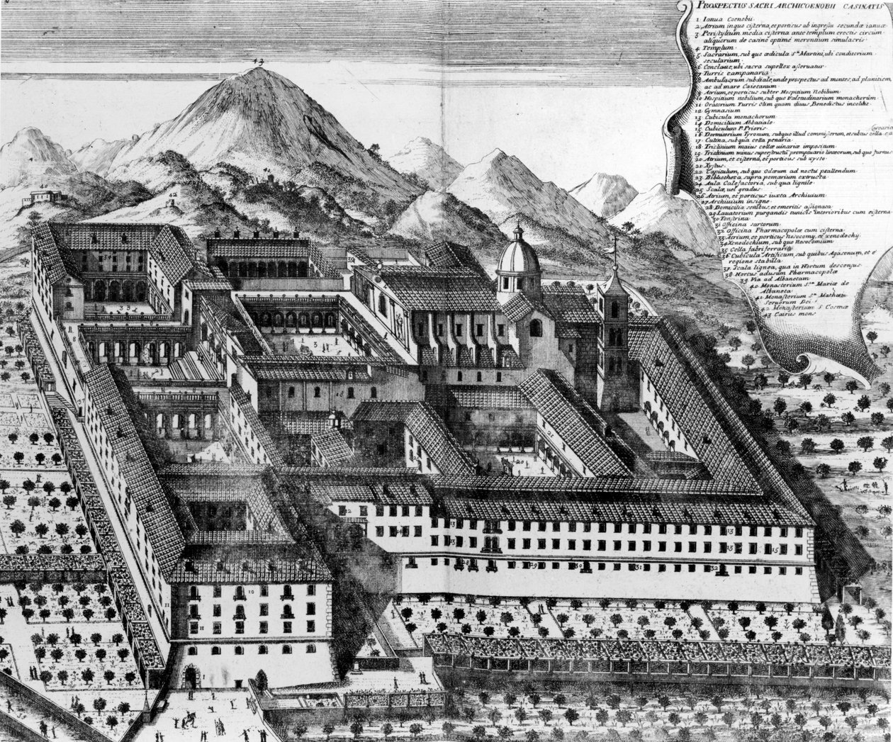 Luftfoto av Monte Cassino, Italia gravering) av European School