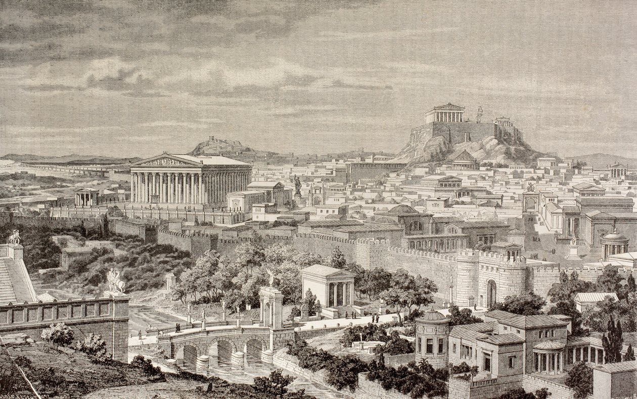 Kunstnerinntrykk av Athen, på keiser Hadrians tid, fra 