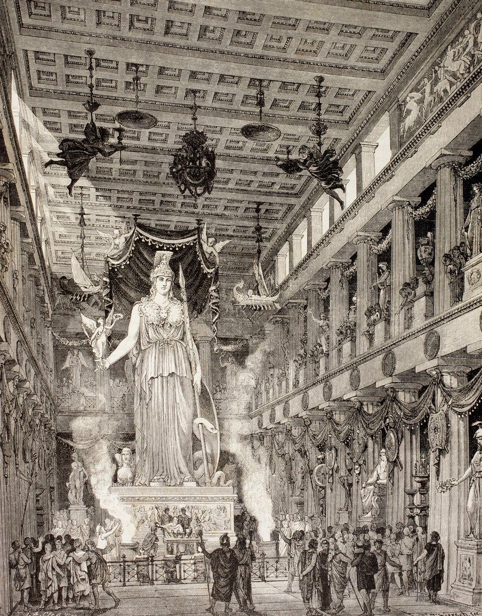 Kunstnerinntrykk av statuen av gudinnen Athena i Parthenon, Athen, under den klassiske perioden, fra 