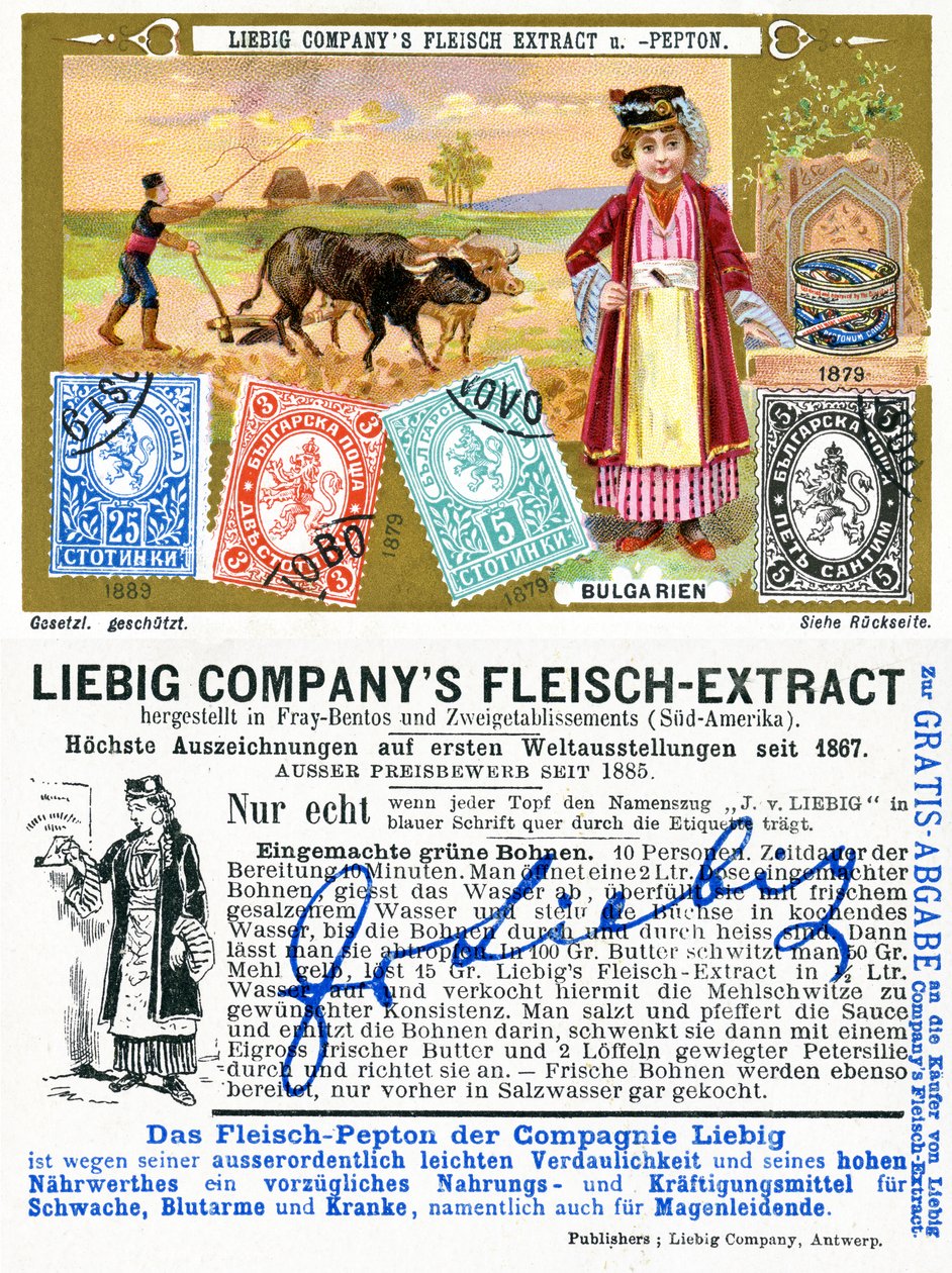 Bulgarske frimerker, foran og på baksiden av et Liebig-kampanjekort, 1897 av European School