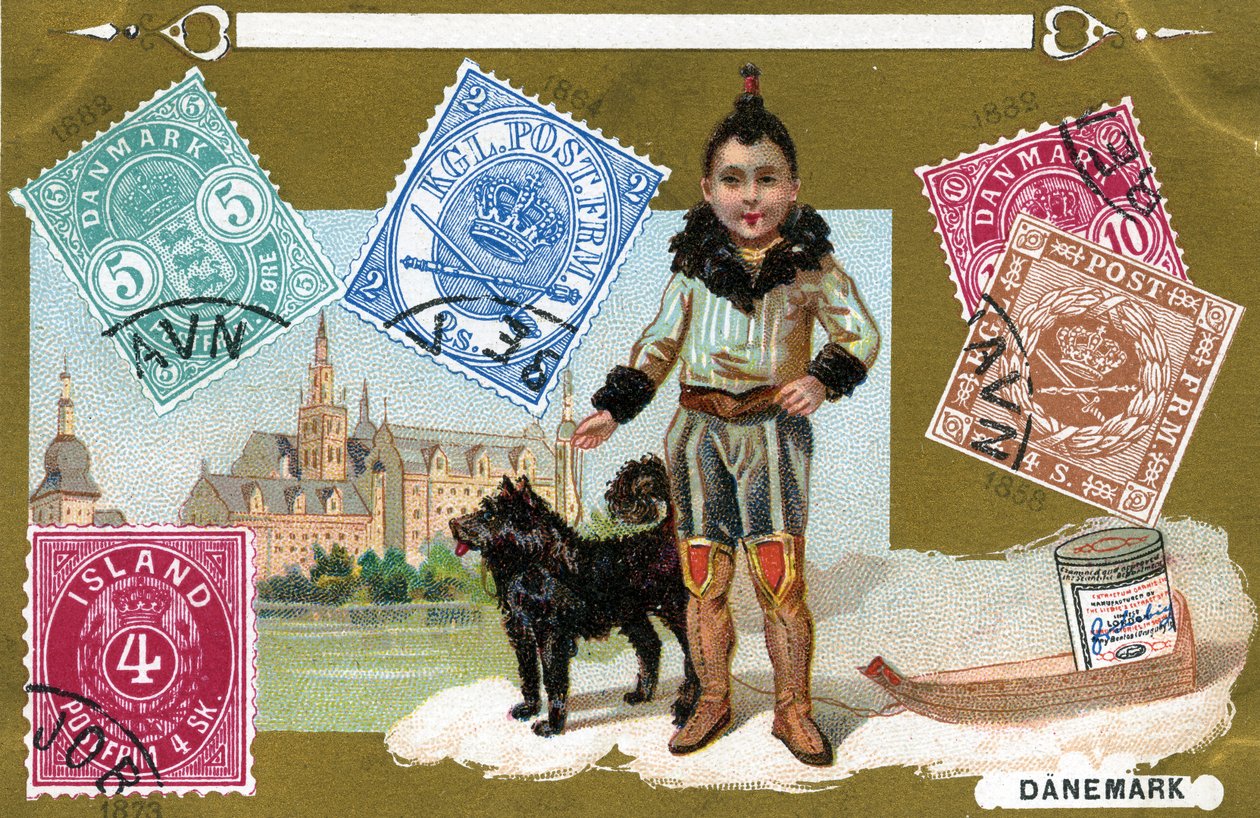 Danske og islandske frimerker med et inuittbarn og hunden hans, 1897 av European School