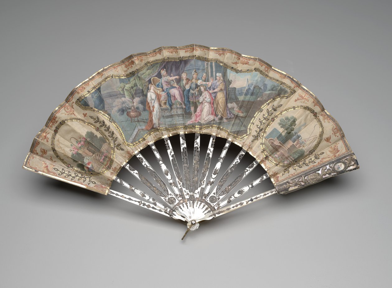 Sammenleggbar vifte med et gammeltestamentlig emne, muligens Adonjah før Salomo, ca. 1770-tallet (blandet media) av European School