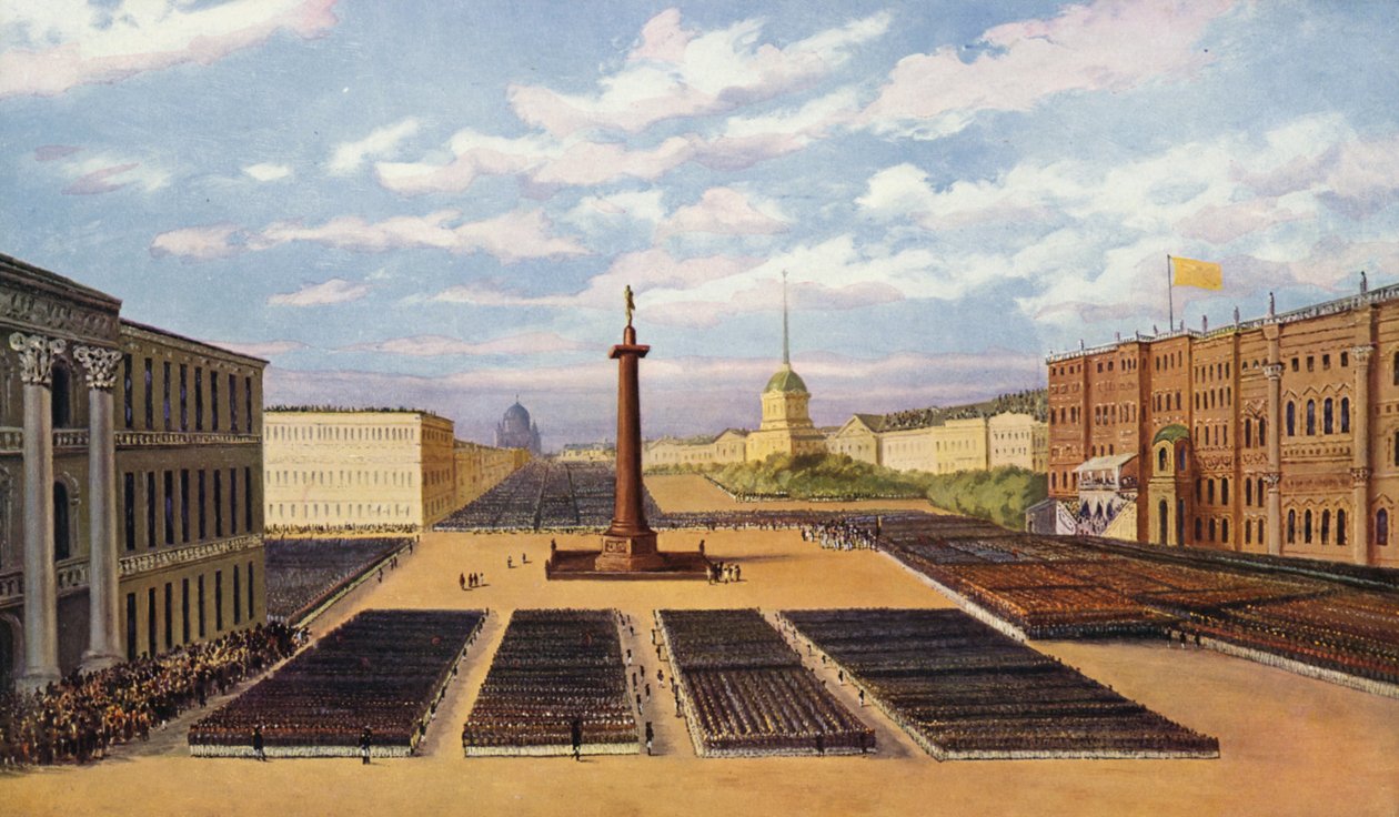 Innvielsen av monumentet til tsar Alexander I i St. Petersburg (fargelitografi) av European School
