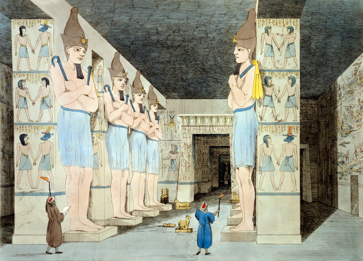 Interiør av Rameses-tempelet i Abu Simbel (farget etsning) av European School