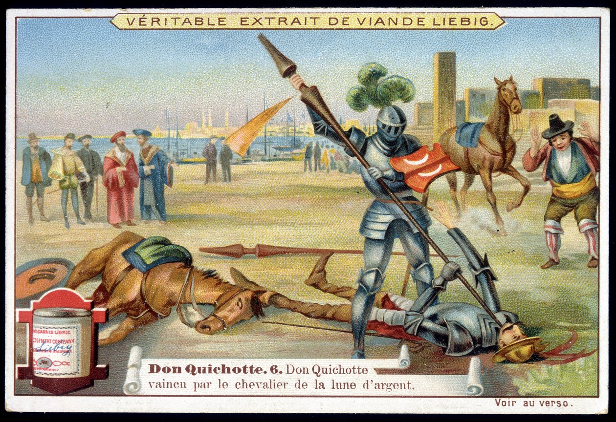 Liebig-kromolitografi: Serien «Don Quixote», nr. 6: Don Quixote beseiret av ridderen av sølvmånen. av European School