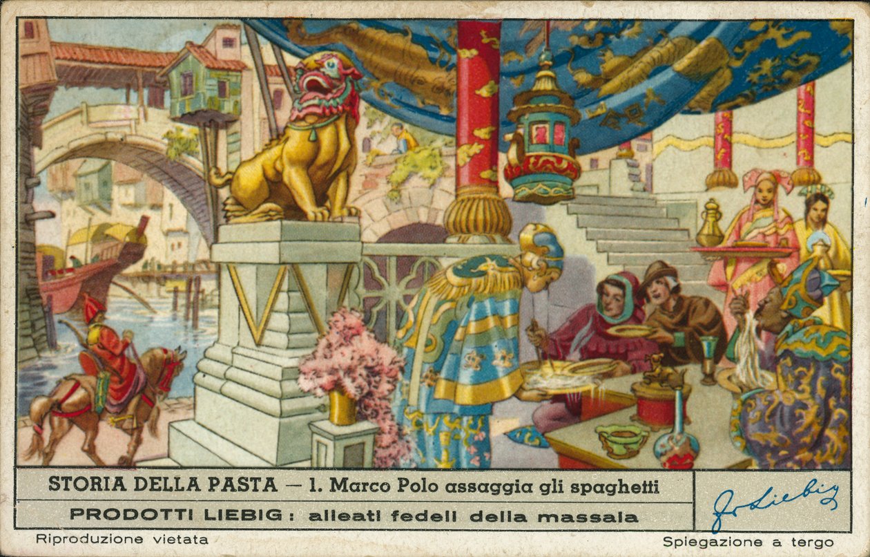 Marco Polo smaker på spaghetti i Kina (kromolitho) av European School