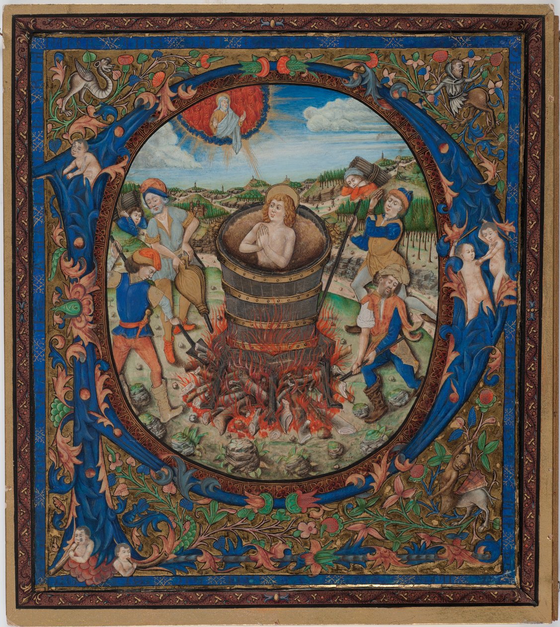 Martyrium for St. John the Evangelist (tempera på vellum limt på papp) av European School