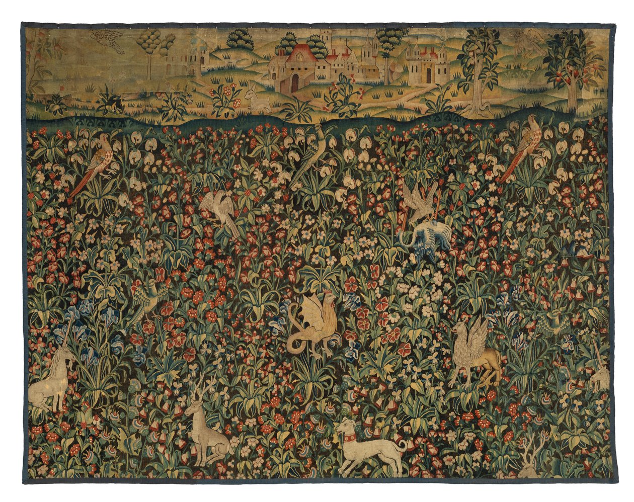 Mille fleurs billedvev fragment som viser dyr, fugler og landskap, ca. 1500 (ull) av European School