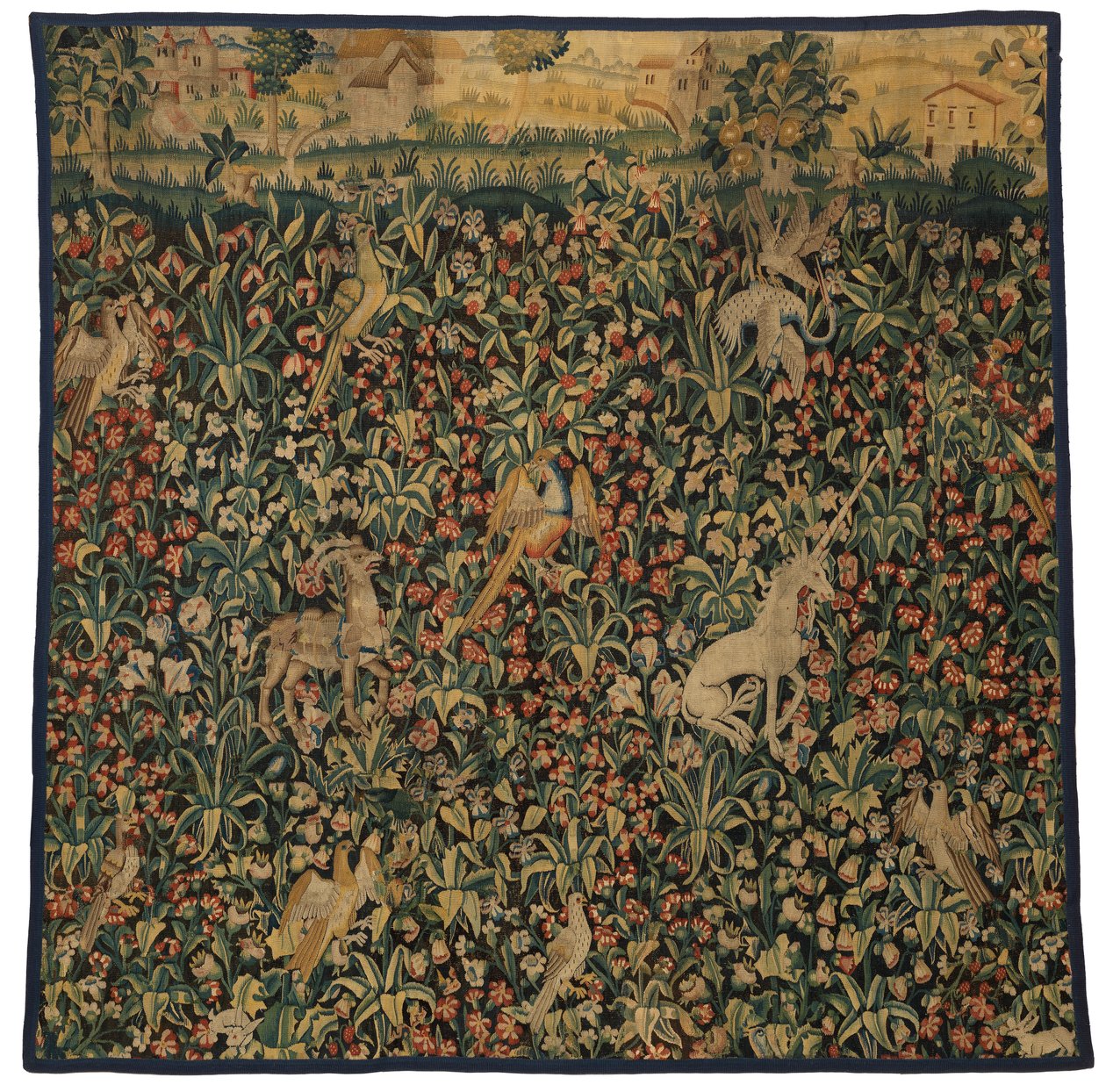 Mille fleurs billedvev fragment som viser dyr, fugler og landskap, ca. 1500 (ull) av European School