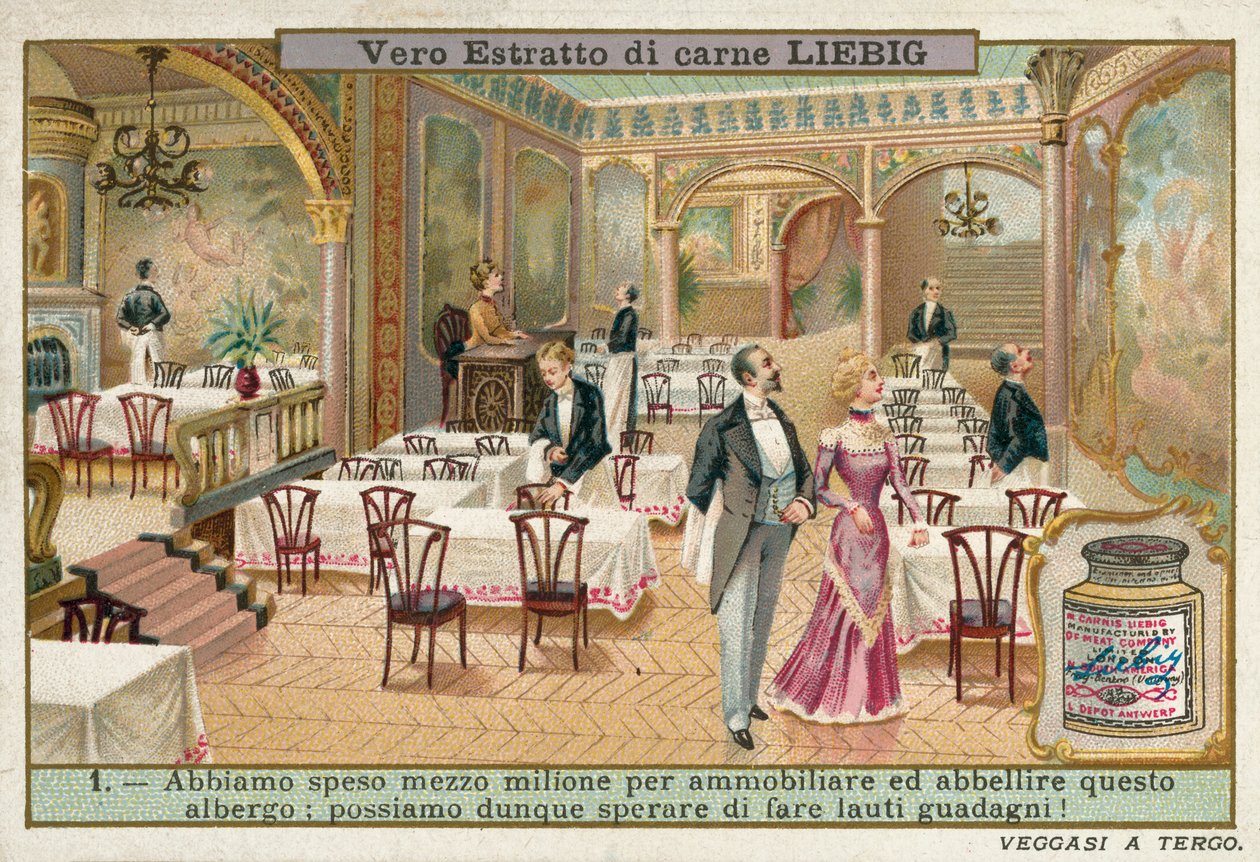 Restauranten på et pusset opp hotell (chromolitho) av European School