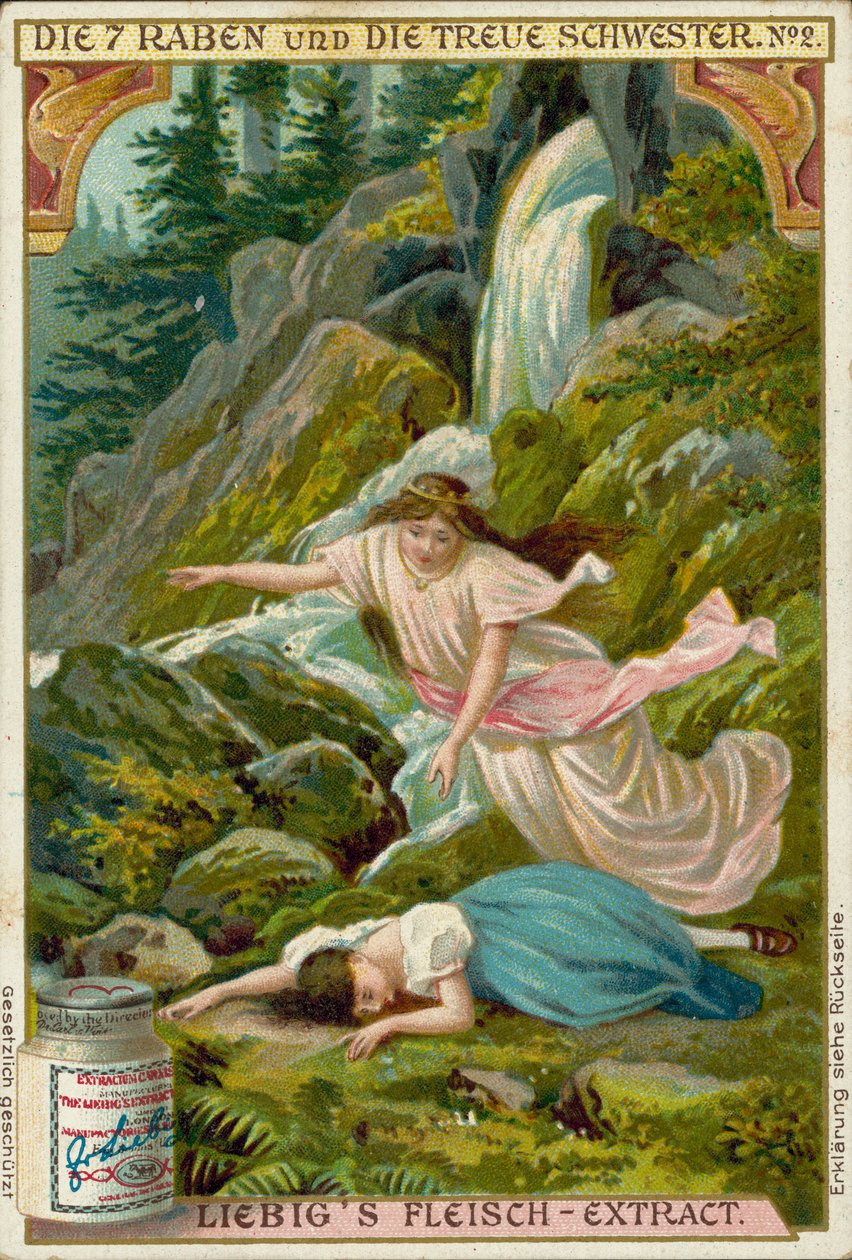 Scene fra De syv ravner, Brødrene Grimms eventyr (chromolitho) av European School