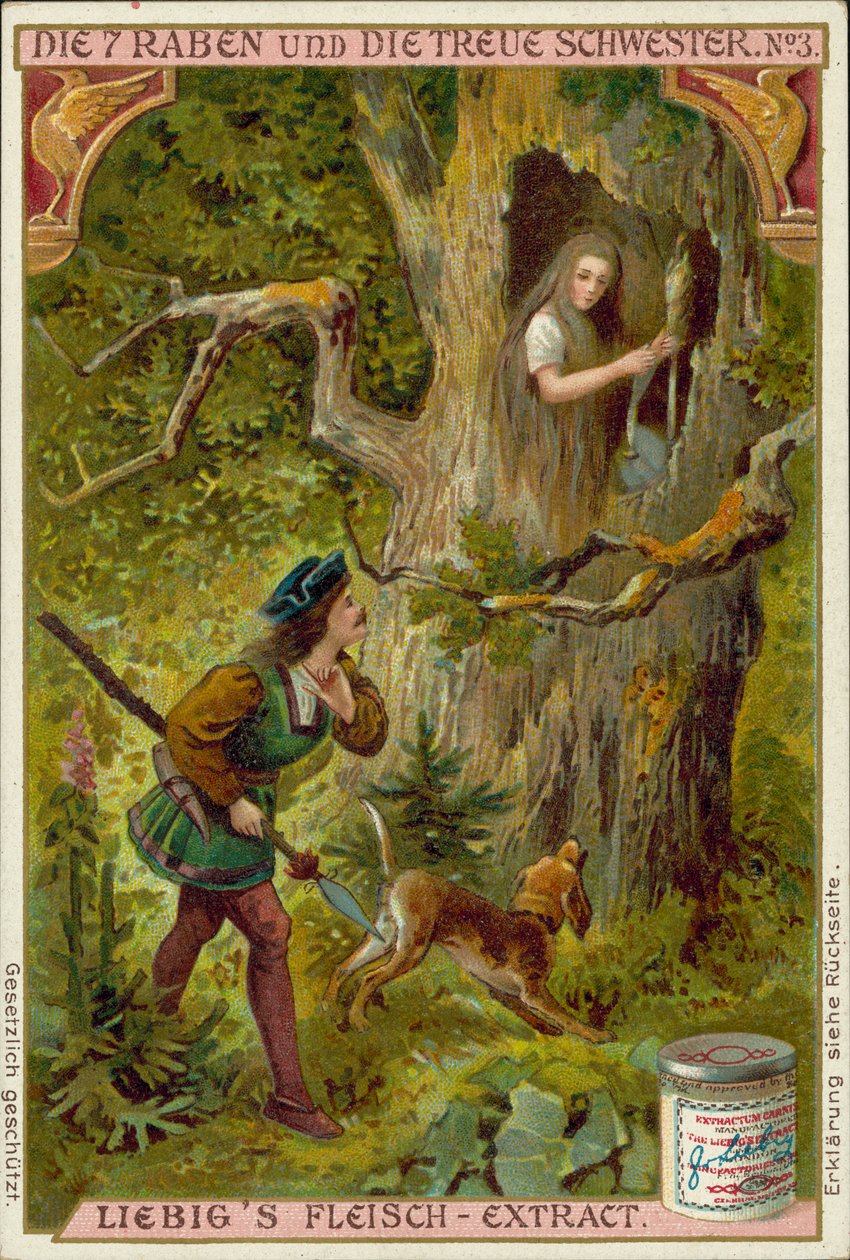 Scene fra De syv ravner, Brødrene Grimms eventyr (chromolitho) av European School